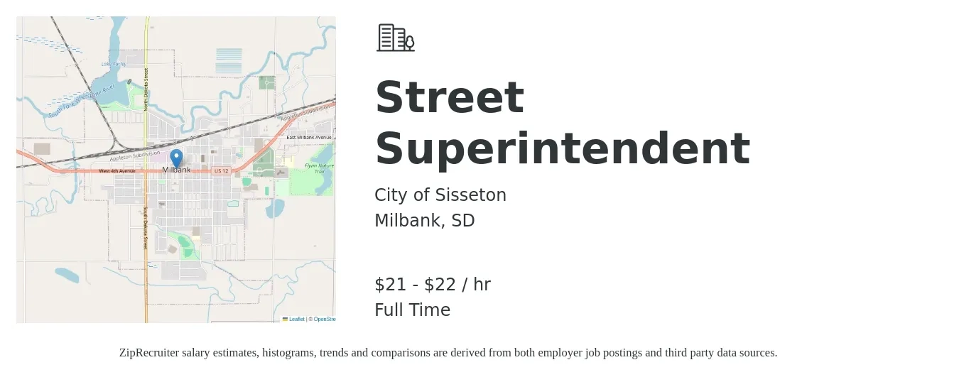 City of Sisseton job posting for a Street Superintendent in Milbank, SD with a salary of $23 to $24 Hourly with a map of Milbank location.