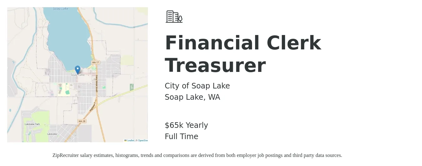 City of Soap Lake job posting for a Financial Clerk Treasurer in Soap Lake, WA with a salary of $65,000 Yearly with a map of Soap Lake location.
