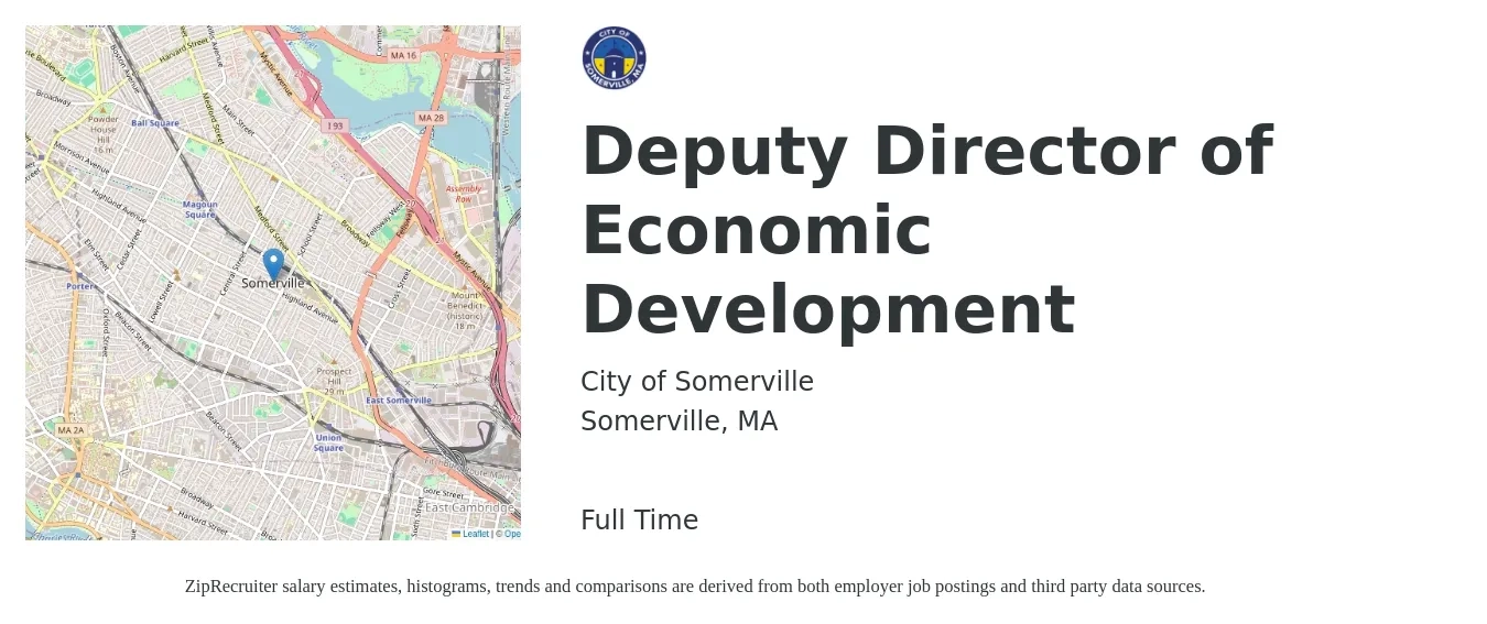 City of Somerville job posting for a Deputy Director of Economic Development in Somerville, MA with a salary of $115,100 to $167,000 Yearly with a map of Somerville location.
