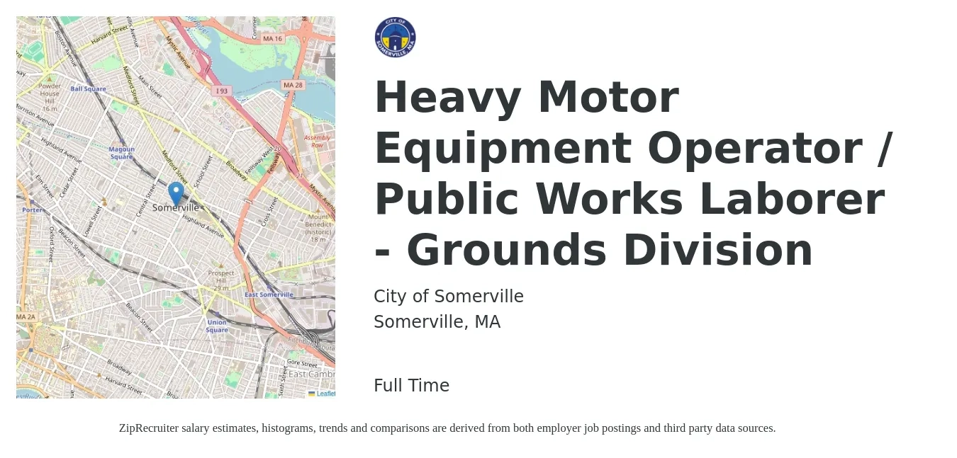 City of Somerville job posting for a Heavy Motor Equipment Operator / Public Works Laborer - Grounds Division in Somerville, MA with a salary of $903 Weekly with a map of Somerville location.