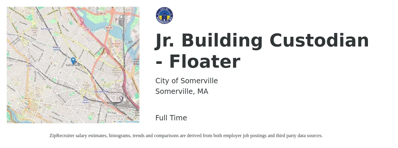City of Somerville job posting for a Jr. Building Custodian - Floater in Somerville, MA with a salary of $16 to $22 Hourly with a map of Somerville location.