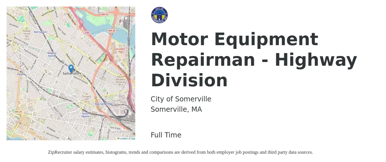 City of Somerville job posting for a Motor Equipment Repairman - Highway Division in Somerville, MA with a salary of $26 to $32 Hourly with a map of Somerville location.