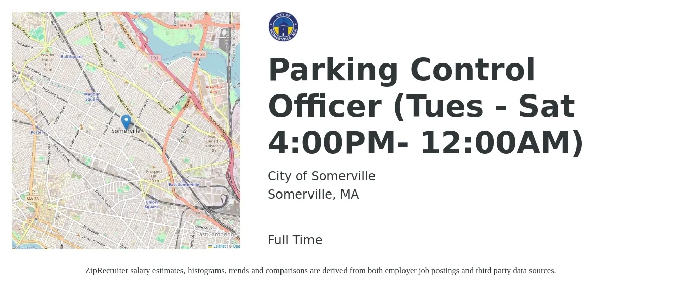 City of Somerville job posting for a Parking Control Officer (Tues - Sat 4:00PM- 12:00AM) in Somerville, MA with a salary of $903 Weekly with a map of Somerville location.