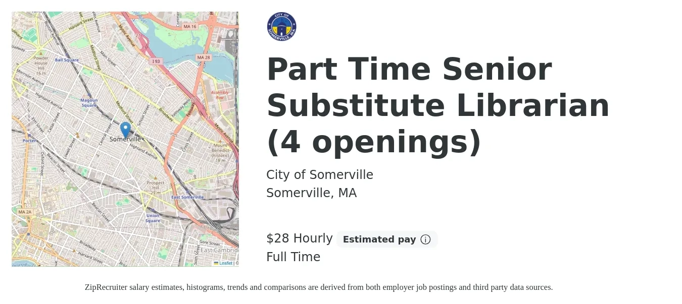 City of Somerville job posting for a Part Time Senior Substitute Librarian (4 openings) in Somerville, MA with a salary of $29 Hourly with a map of Somerville location.