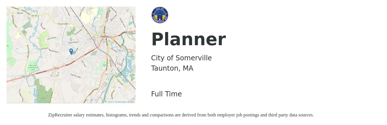 City of Somerville job posting for a Planner in Taunton, MA with a salary of $58,500 to $83,100 Yearly with a map of Taunton location.