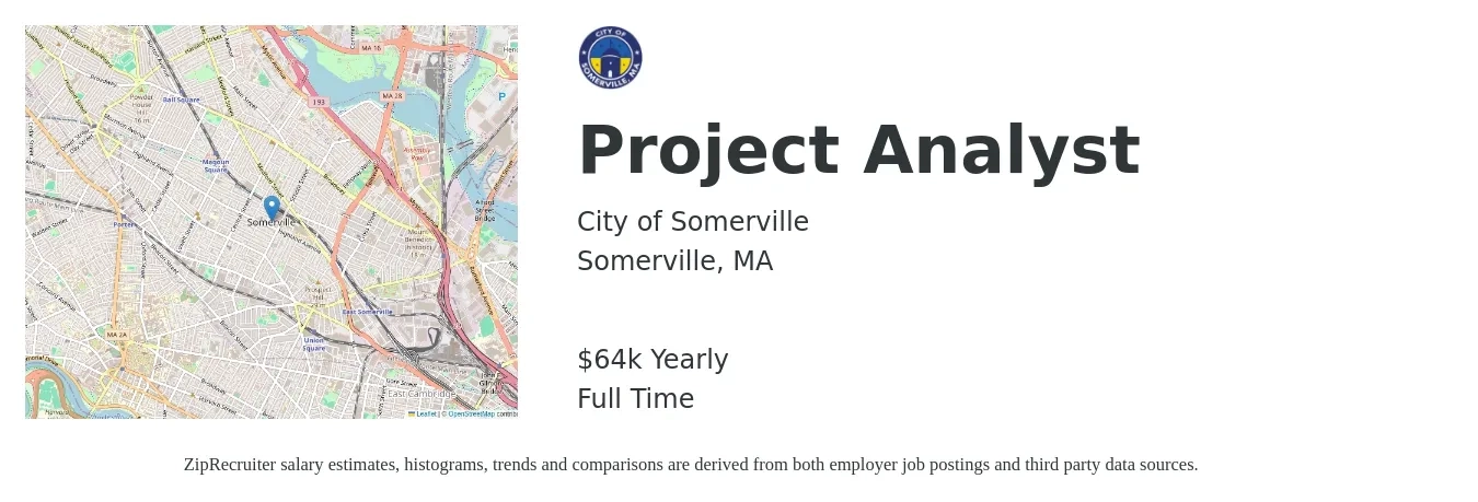 City of Somerville job posting for a Project Analyst in Somerville, MA with a salary of $64,946 Yearly with a map of Somerville location.