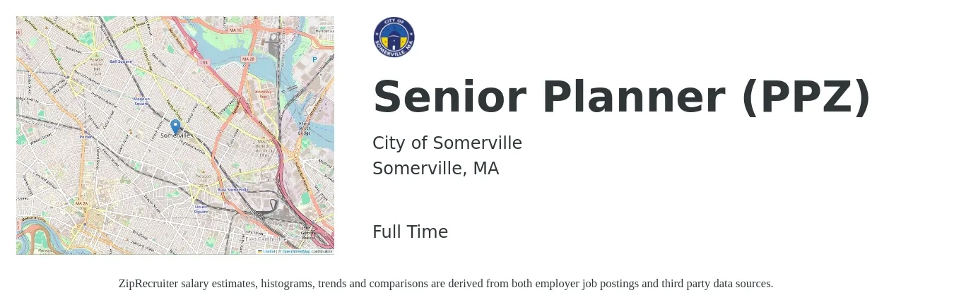 City of Somerville job posting for a Senior Planner (PPZ) in Somerville, MA with a salary of $80,200 to $113,500 Yearly with a map of Somerville location.