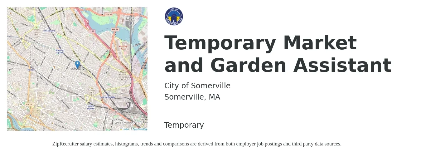 City of Somerville job posting for a Temporary Market and Garden Assistant in Somerville, MA with a salary of $21 to $32 Hourly with a map of Somerville location.