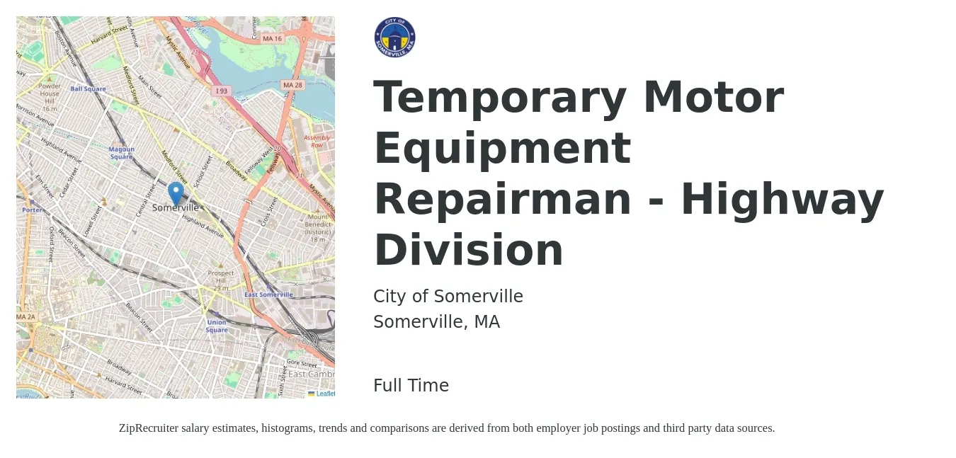 City of Somerville job posting for a Temporary Motor Equipment Repairman - Highway Division in Somerville, MA with a salary of $26 to $32 Hourly with a map of Somerville location.