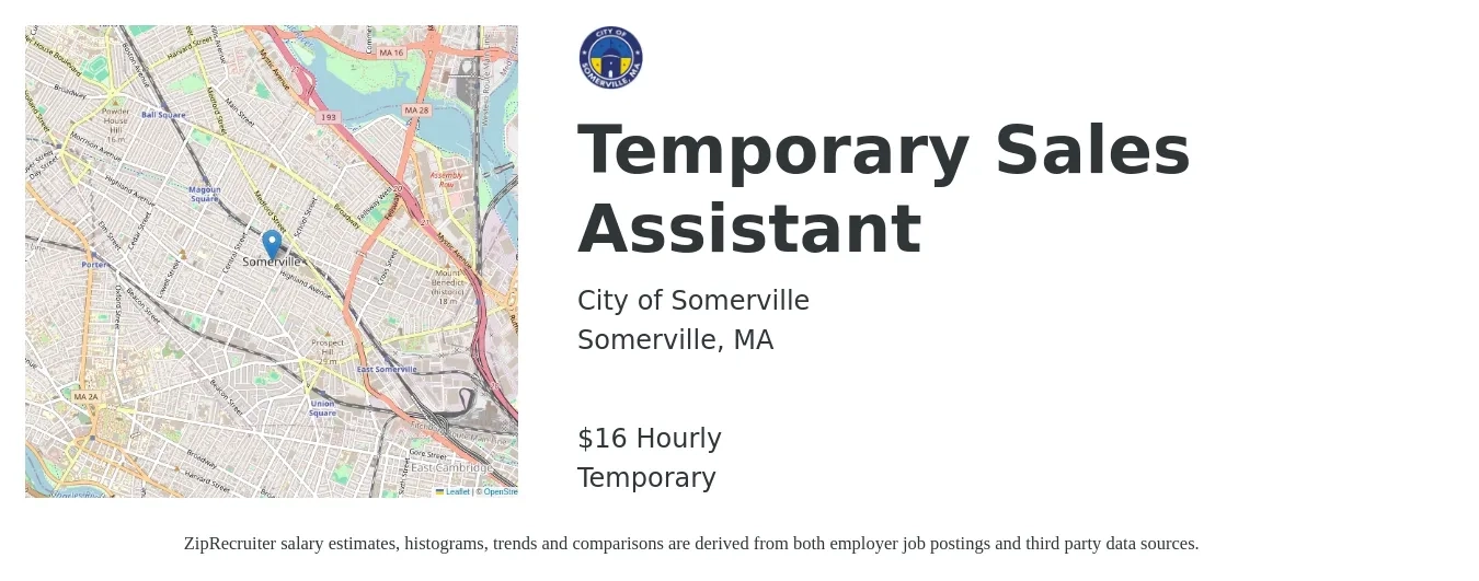 City of Somerville job posting for a Temporary Sales Assistant in Somerville, MA with a salary of $18 Hourly with a map of Somerville location.