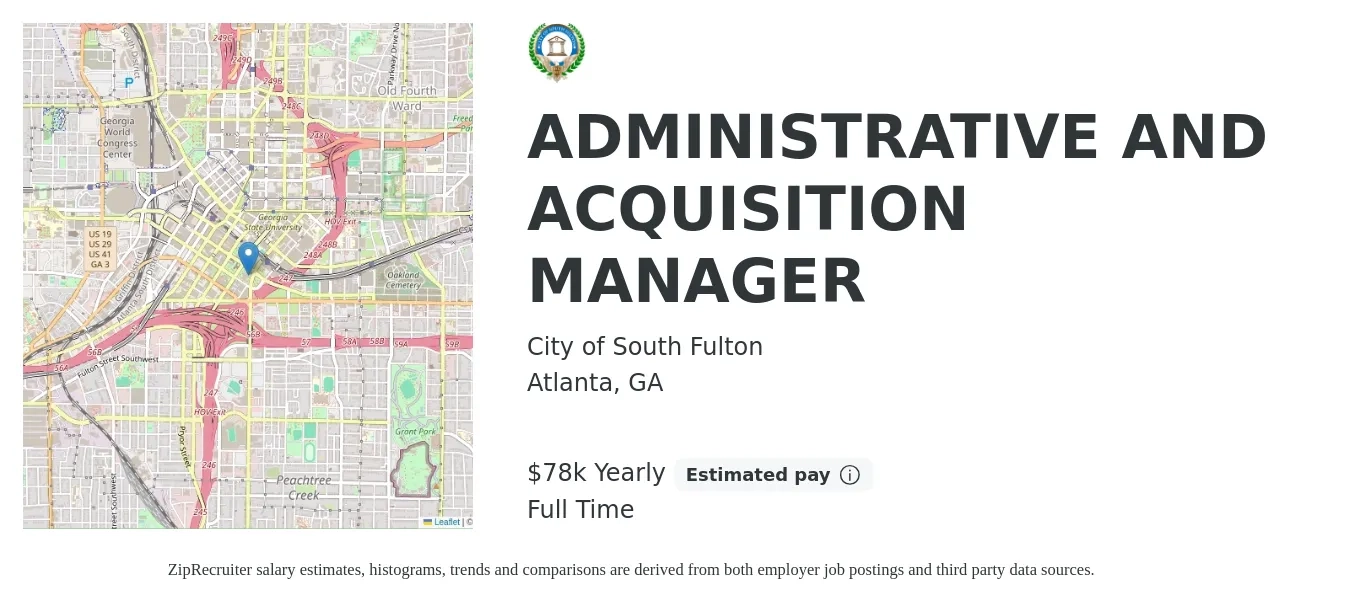 City of South Fulton job posting for a ADMINISTRATIVE AND ACQUISITION MANAGER in Atlanta, GA with a salary of $78,443 Yearly with a map of Atlanta location.