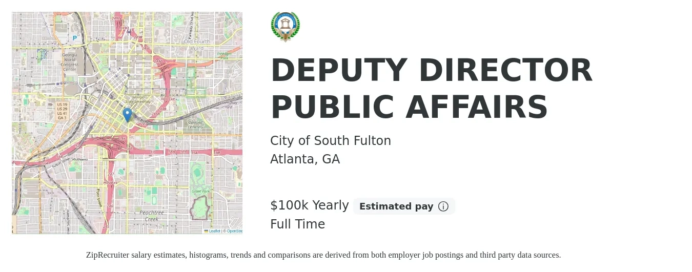 City of South Fulton job posting for a DEPUTY DIRECTOR PUBLIC AFFAIRS in Atlanta, GA with a salary of $100,115 Yearly with a map of Atlanta location.