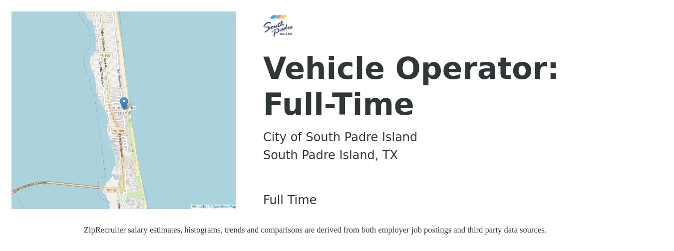 City of South Padre Island job posting for a Vehicle Operator: Full-Time in South Padre Island, TX with a salary of $14 Hourly with a map of South Padre Island location.