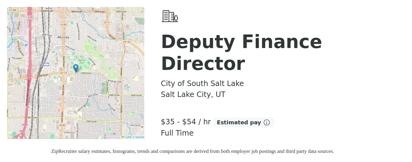 City of South Salt Lake job posting for a Deputy Finance Director in Salt Lake City, UT with a salary of $37 to $56 Hourly with a map of Salt Lake City location.