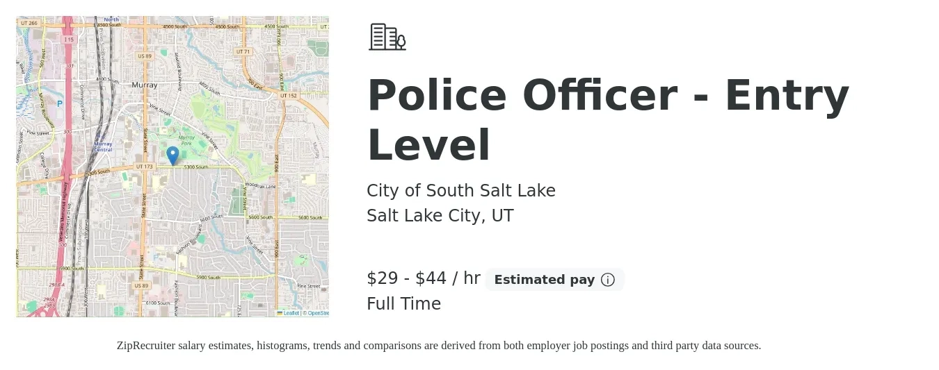 City of South Salt Lake job posting for a Police Officer - Entry Level in Salt Lake City, UT with a salary of $30 to $47 Hourly with a map of Salt Lake City location.