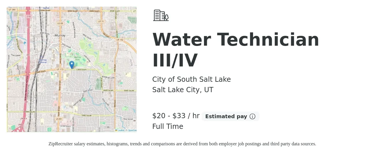 City of South Salt Lake job posting for a Water Technician III/IV in Salt Lake City, UT with a salary of $21 to $35 Hourly with a map of Salt Lake City location.
