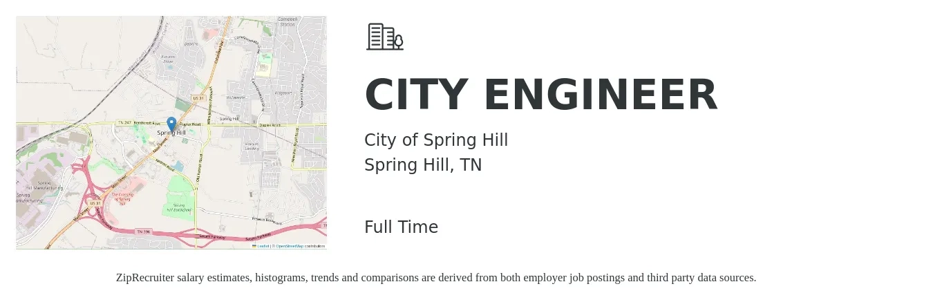 City of Spring Hill job posting for a CITY ENGINEER in Spring Hill, TN with a salary of $78,500 to $125,500 Yearly with a map of Spring Hill location.