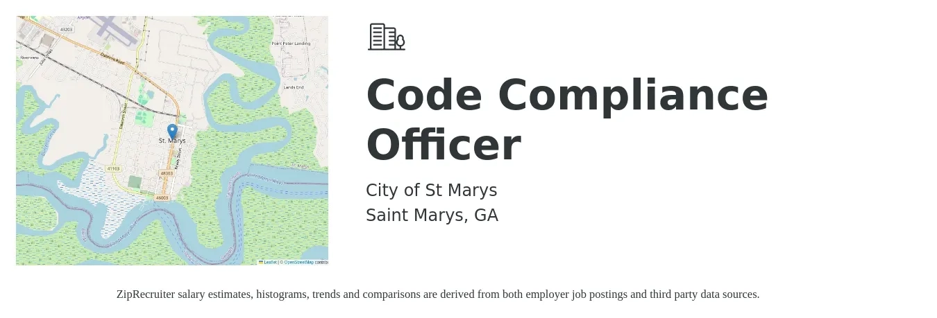 City of St Marys job posting for a Code Compliance Officer in Saint Marys, GA with a salary of $19 Hourly with a map of Saint Marys location.