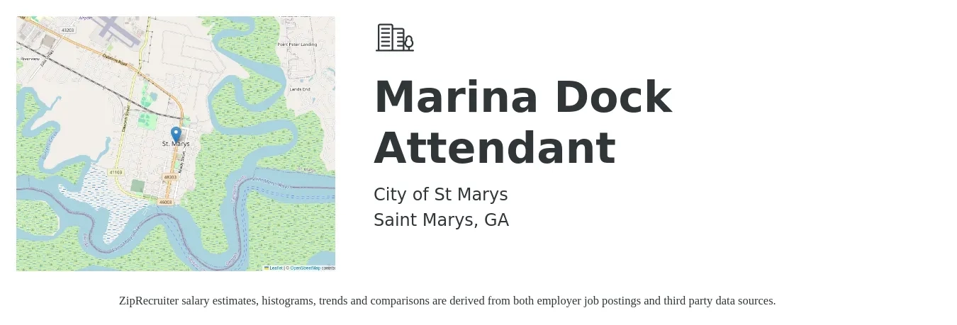 City of St Marys job posting for a Marina Dock Attendant in Saint Marys, GA with a salary of $15 Hourly with a map of Saint Marys location.