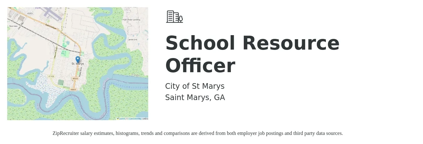 City of St Marys job posting for a School Resource Officer in Saint Marys, GA with a salary of $19 Hourly with a map of Saint Marys location.