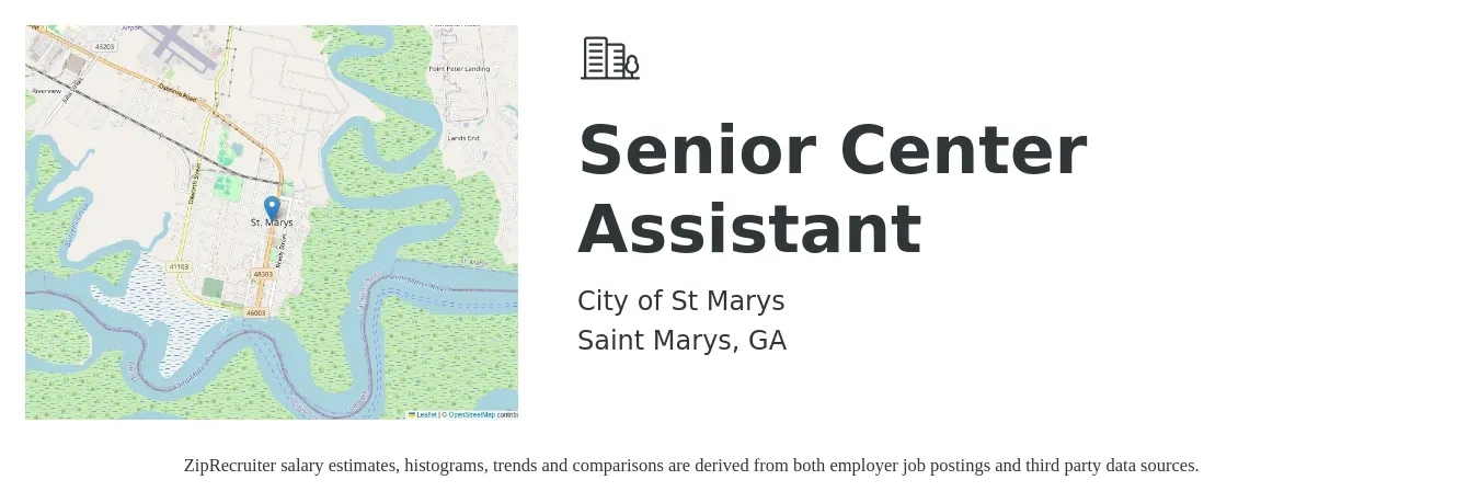 City of St Marys job posting for a Senior Center Assistant in Saint Marys, GA with a salary of $14 Hourly with a map of Saint Marys location.