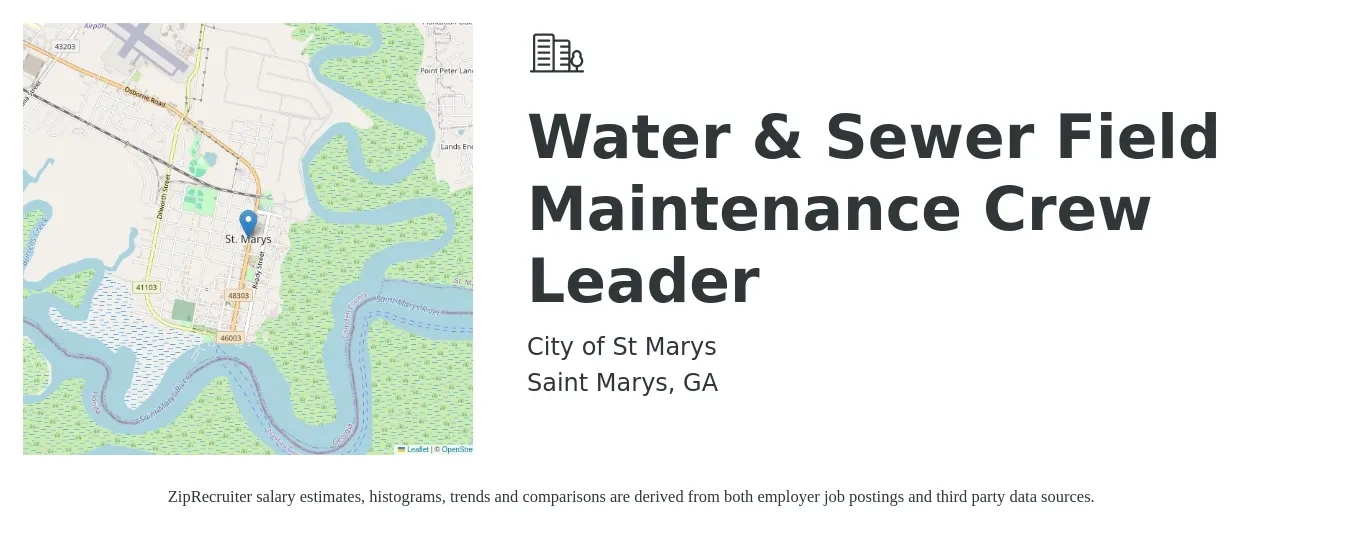 City of St Marys job posting for a Water & Sewer Field Maintenance Crew Leader in Saint Marys, GA with a salary of $18 Hourly with a map of Saint Marys location.