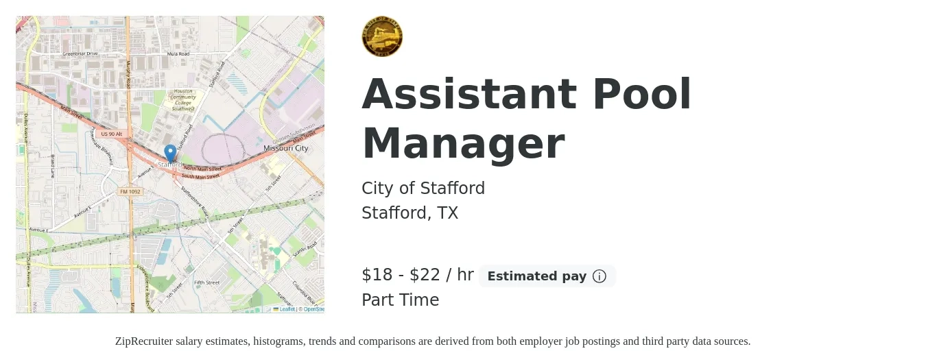 City of Stafford job posting for a Assistant Pool Manager in Stafford, TX with a salary of $19 to $23 Hourly with a map of Stafford location.
