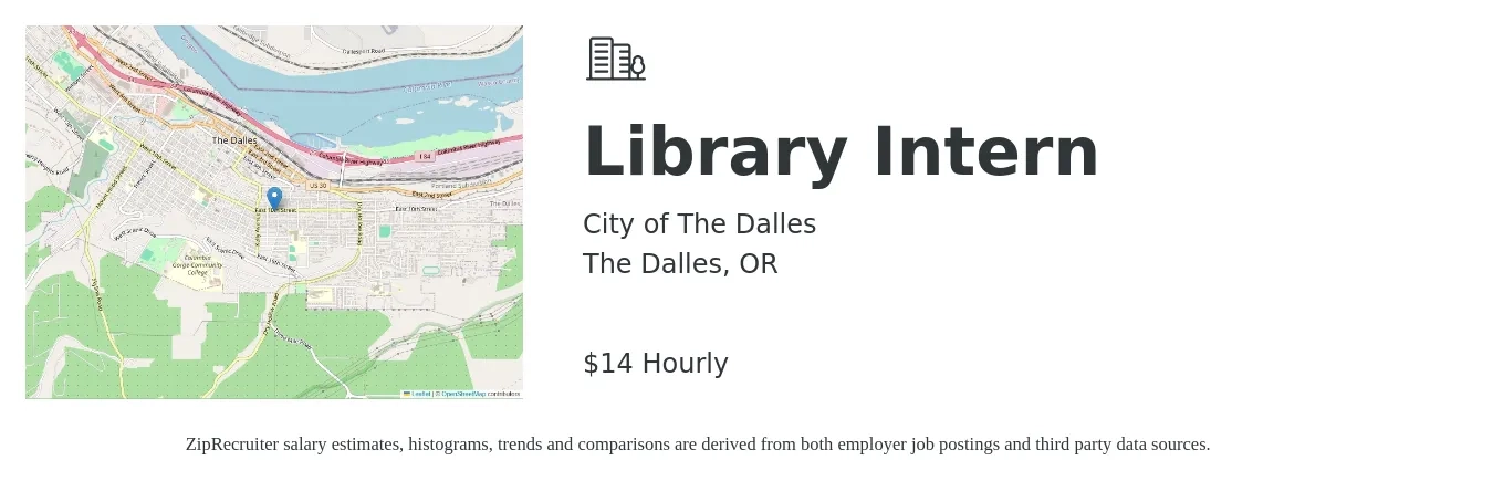 City of The Dalles job posting for a Library Intern in The Dalles, OR with a salary of $15 Hourly with a map of The Dalles location.