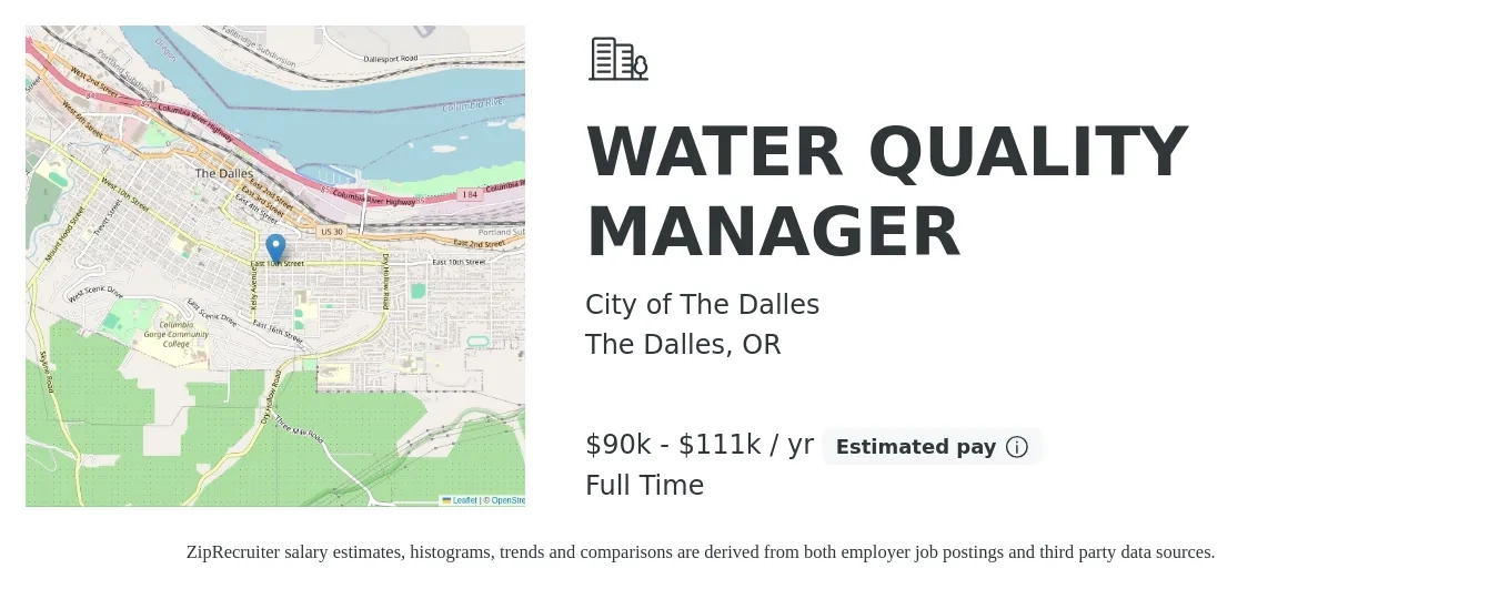 City of The Dalles job posting for a WATER QUALITY MANAGER in The Dalles, OR with a salary of $90,406 to $111,188 Yearly with a map of The Dalles location.