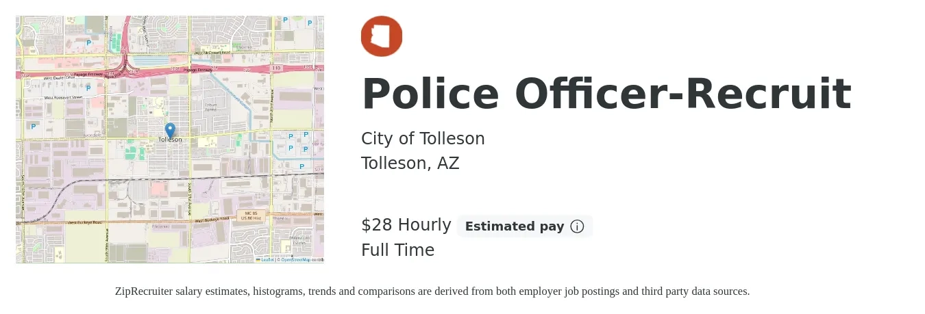 City of Tolleson job posting for a Police Officer-Recruit in Tolleson, AZ with a salary of $29 Hourly with a map of Tolleson location.
