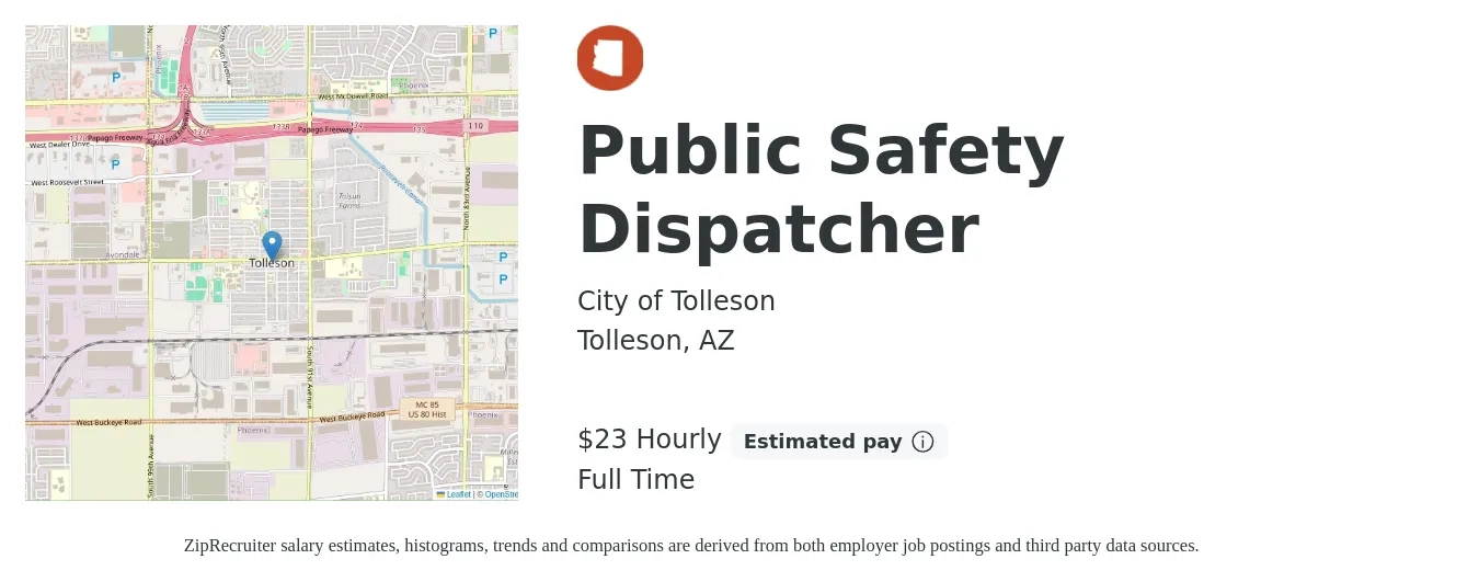City of Tolleson job posting for a Public Safety Dispatcher in Tolleson, AZ with a salary of $25 Hourly with a map of Tolleson location.