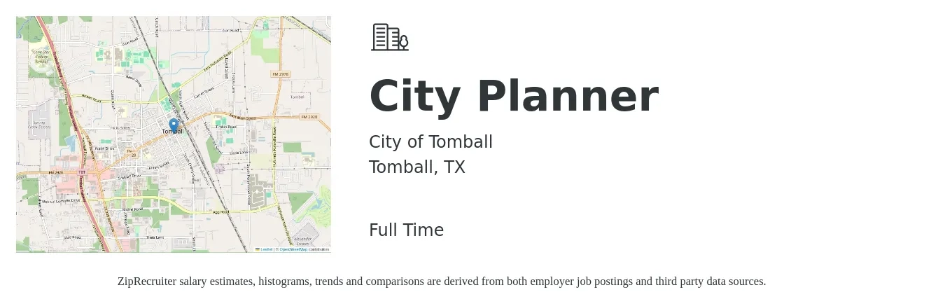 City of Tomball job posting for a City Planner in Tomball, TX with a salary of $54,000 to $76,700 Yearly with a map of Tomball location.