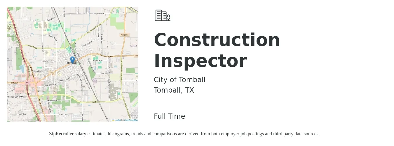 City of Tomball job posting for a Construction Inspector in Tomball, TX with a salary of $46,900 to $73,800 Yearly with a map of Tomball location.
