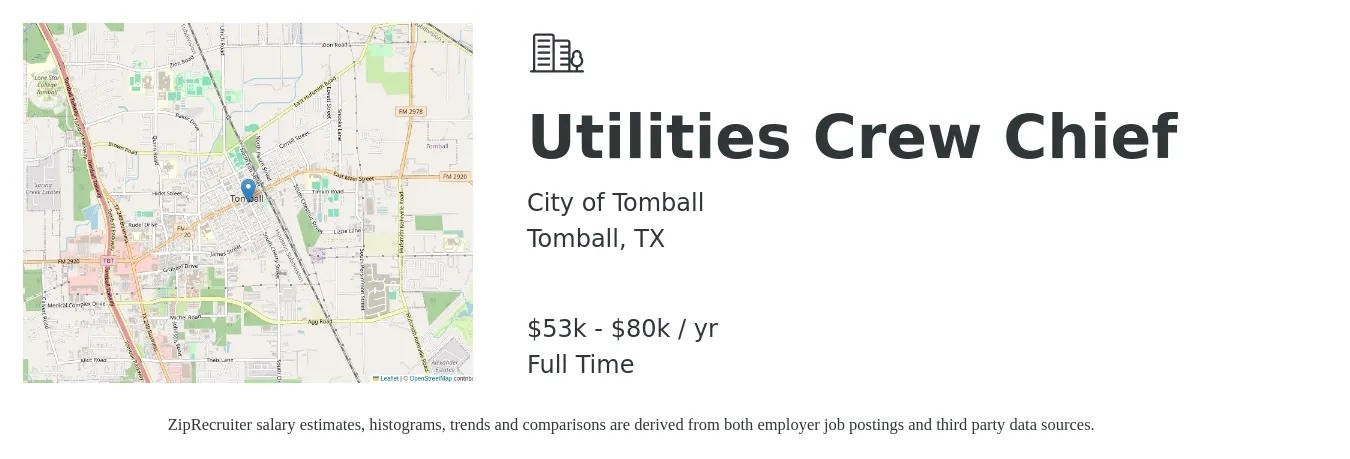 City of Tomball job posting for a Utilities Crew Chief in Tomball, TX with a salary of $53,373 to $80,038 Yearly with a map of Tomball location.