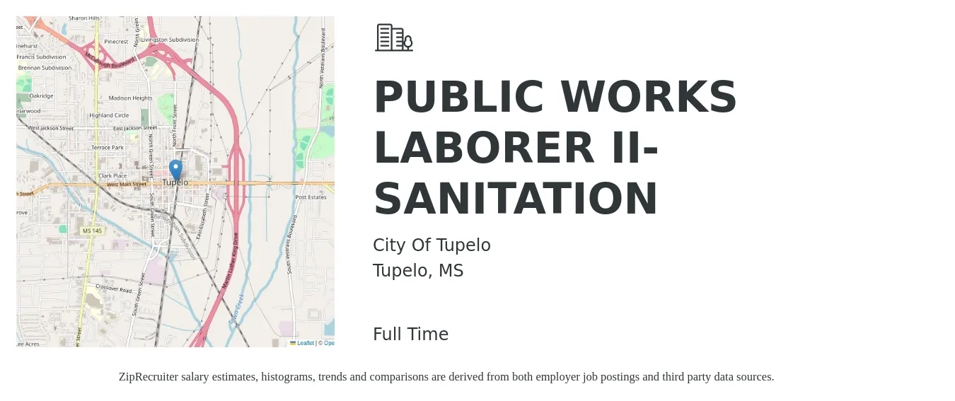 City Of Tupelo job posting for a PUBLIC WORKS LABORER II-SANITATION in Tupelo, MS with a map of Tupelo location.