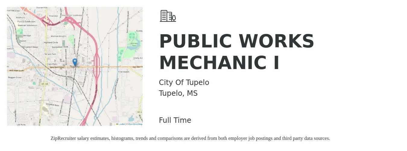 City Of Tupelo job posting for a PUBLIC WORKS MECHANIC I in Tupelo, MS with a salary of $18 to $25 Hourly with a map of Tupelo location.
