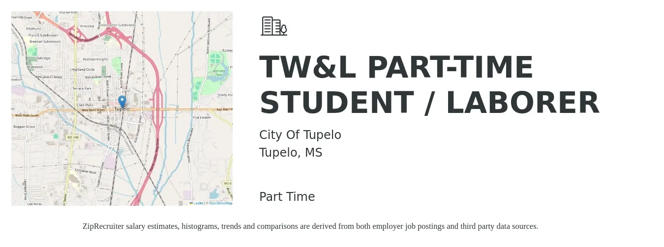 City Of Tupelo job posting for a TW&L PART-TIME STUDENT / LABORER in Tupelo, MS with a salary of $14 to $19 Hourly with a map of Tupelo location.