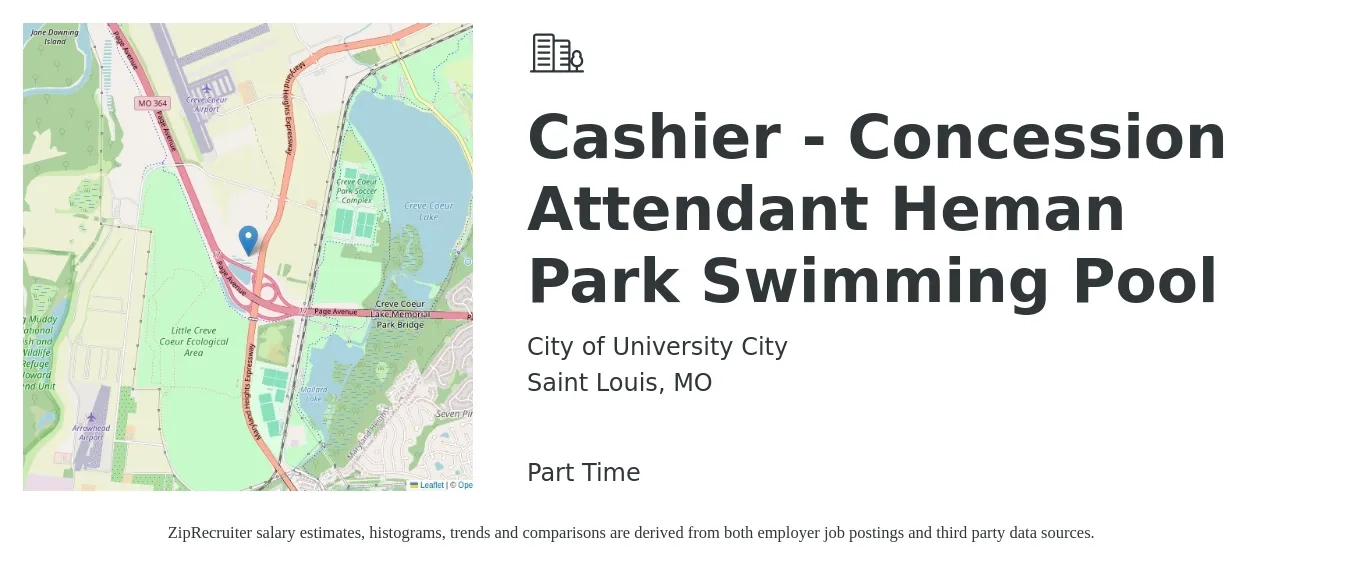 City of University City job posting for a Cashier - Concession Attendant Heman Park Swimming Pool in Saint Louis, MO with a salary of $16 to $20 Hourly with a map of Saint Louis location.