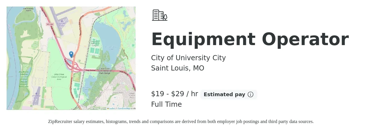 City of University City job posting for a Equipment Operator in Saint Louis, MO with a salary of $20 to $31 Hourly with a map of Saint Louis location.