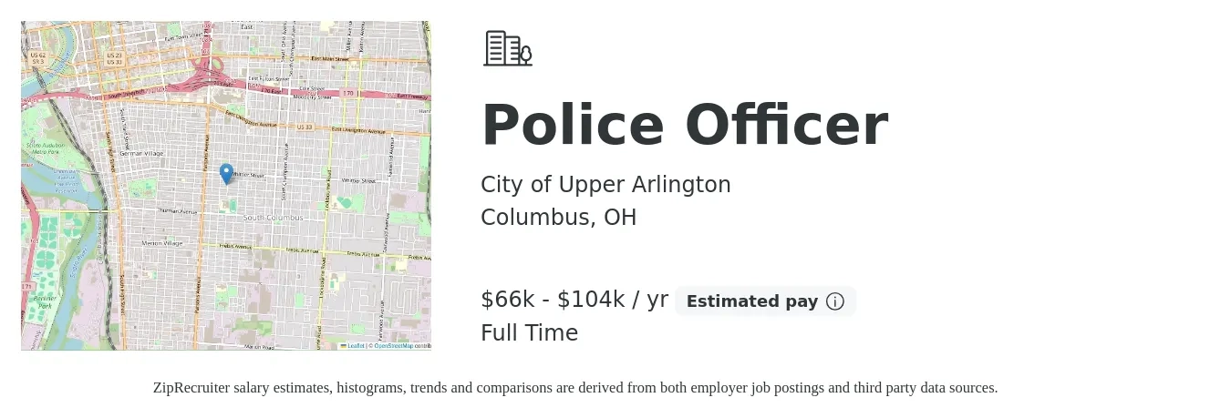 City of Upper Arlington job posting for a Police Officer in Columbus, OH with a salary of $66,468 to $104,817 Yearly with a map of Columbus location.