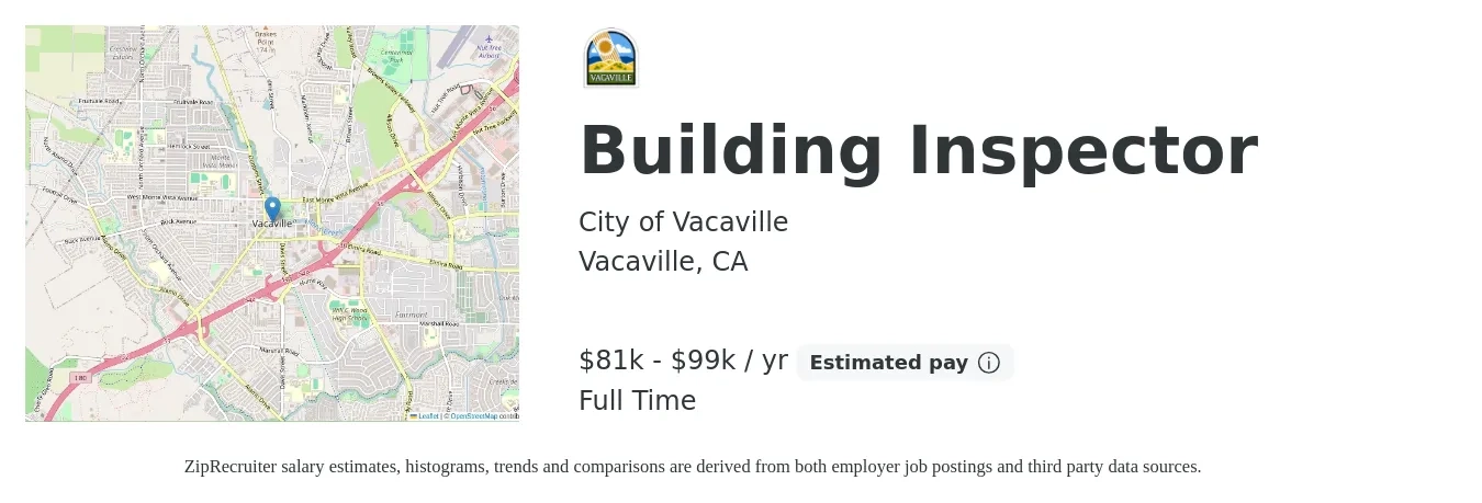 City of Vacaville job posting for a Building Inspector in Vacaville, CA with a salary of $81,608 to $99,194 Yearly with a map of Vacaville location.