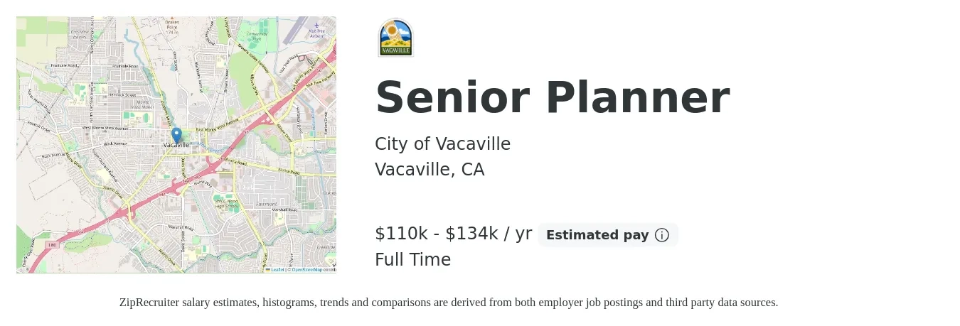 City of Vacaville job posting for a Senior Planner in Vacaville, CA with a salary of $110,393 to $134,202 Yearly with a map of Vacaville location.