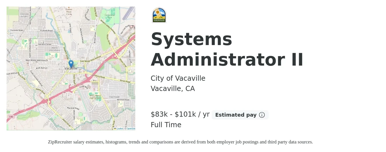 City of Vacaville job posting for a Systems Administrator II in Vacaville, CA with a salary of $83,577 to $101,589 Yearly with a map of Vacaville location.