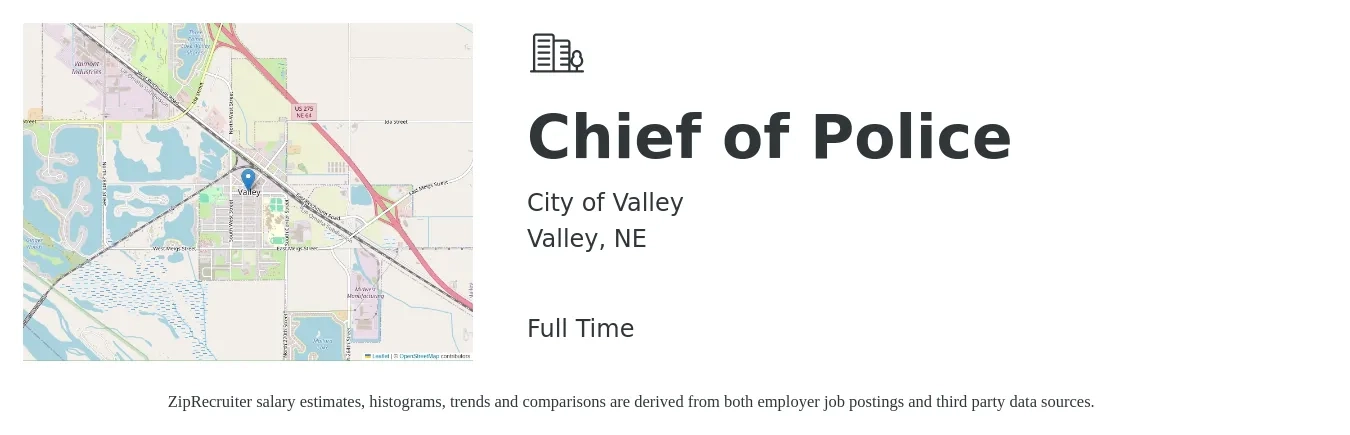 City of Valley job posting for a Chief of Police in Valley, NE with a salary of $60,000 to $100,000 Yearly with a map of Valley location.