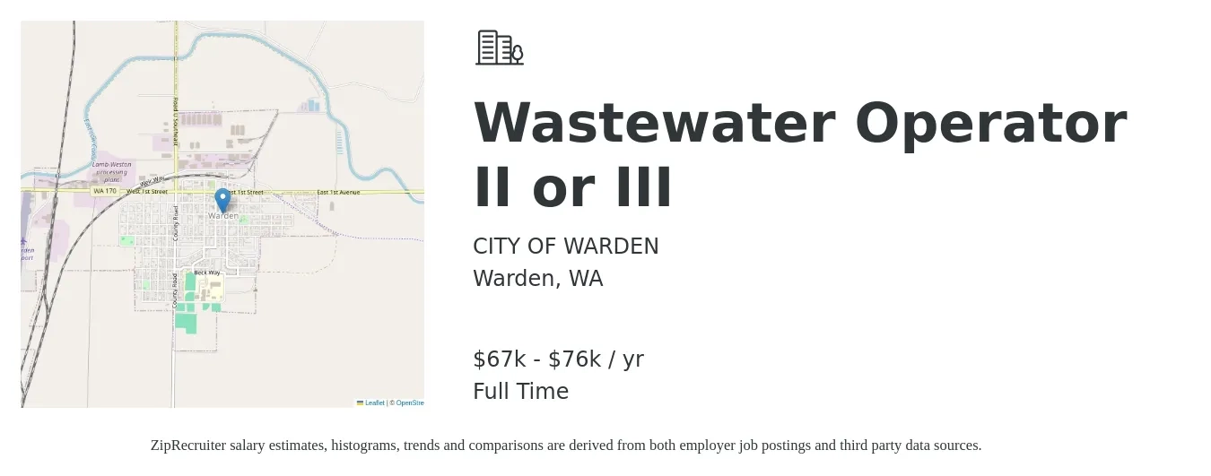 CITY OF WARDEN job posting for a Wastewater Operator II or III in Warden, WA with a salary of $67,954 to $76,773 Yearly with a map of Warden location.