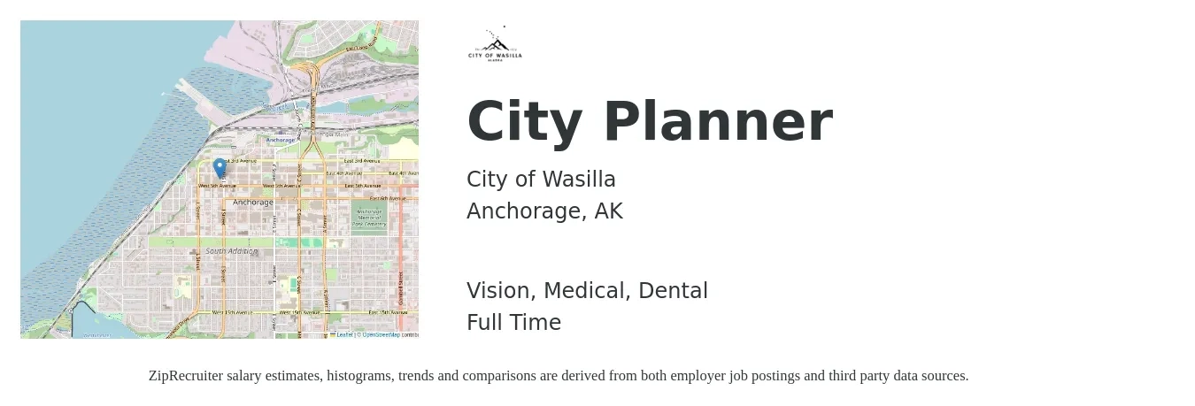 City of Wasilla job posting for a City Planner in Anchorage, AK with a salary of $58,300 to $82,800 Yearly and benefits including dental, life_insurance, medical, pto, retirement, and vision with a map of Anchorage location.