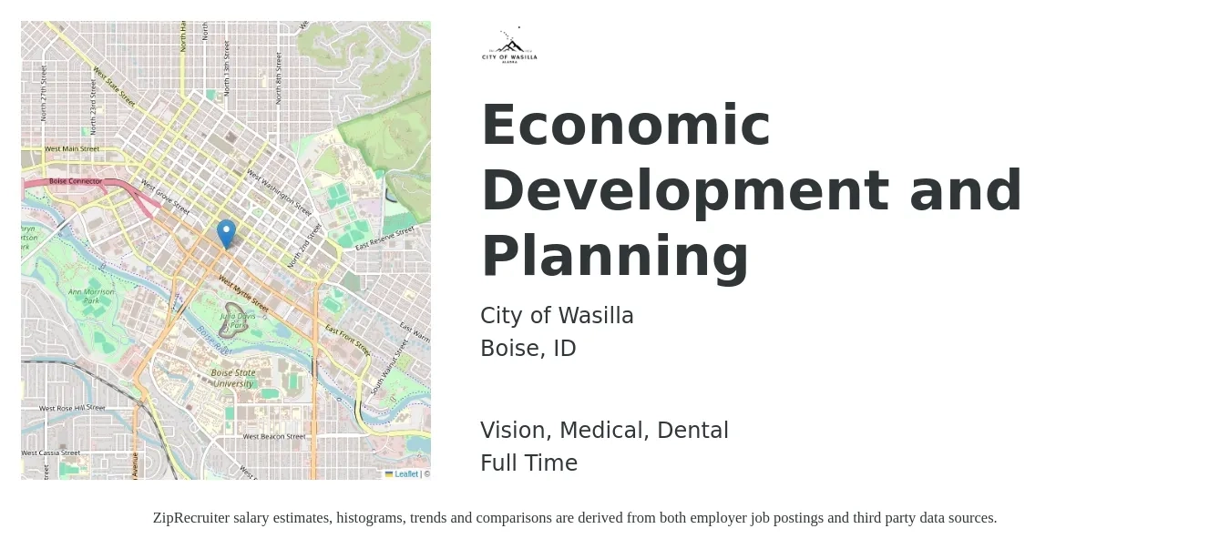 City of Wasilla job posting for a Economic Development and Planning in Boise, ID with a salary of $53,300 to $82,800 Yearly and benefits including life_insurance, medical, pto, retirement, vision, and dental with a map of Boise location.