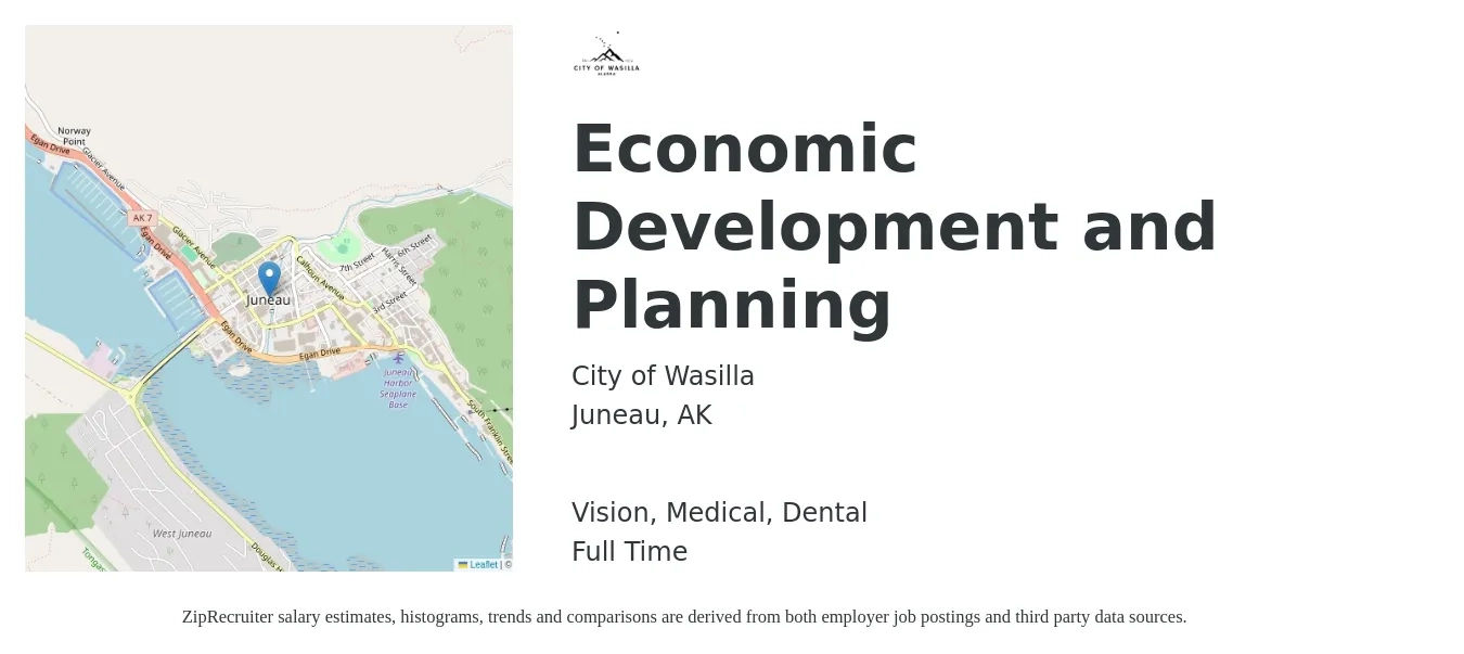 City of Wasilla job posting for a Economic Development and Planning in Juneau, AK with a salary of $59,300 to $92,200 Yearly and benefits including life_insurance, medical, pto, retirement, vision, and dental with a map of Juneau location.