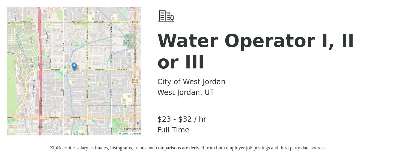 City of West Jordan job posting for a Water Operator I, II or III in West Jordan, UT with a salary of $20 to $34 Hourly with a map of West Jordan location.