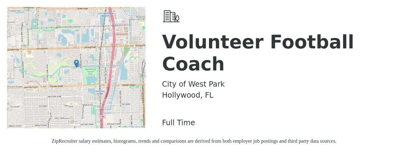 City of West Park job posting for a Volunteer Football Coach in Hollywood, FL with a salary of $14 to $19 Hourly with a map of Hollywood location.
